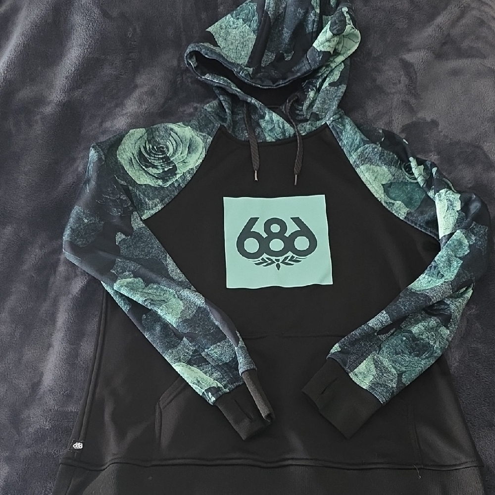 686 Black Hoodie with Teal Floral Sleeves
